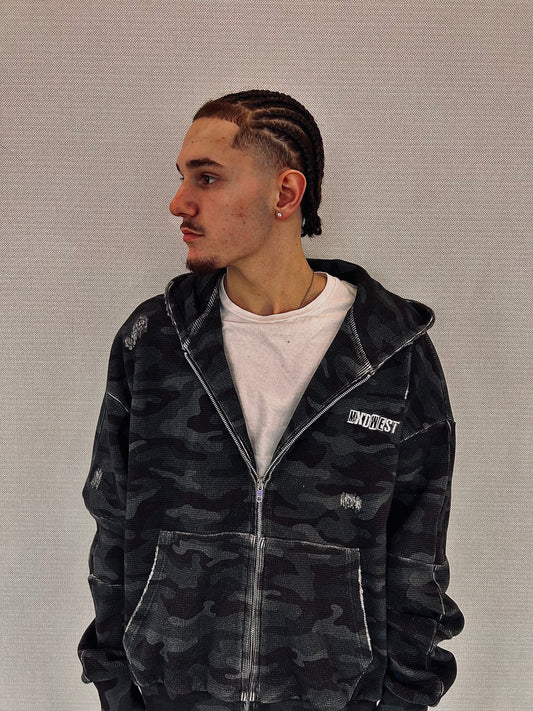 MXDWEST Black Camo Waffle Knit Jacket