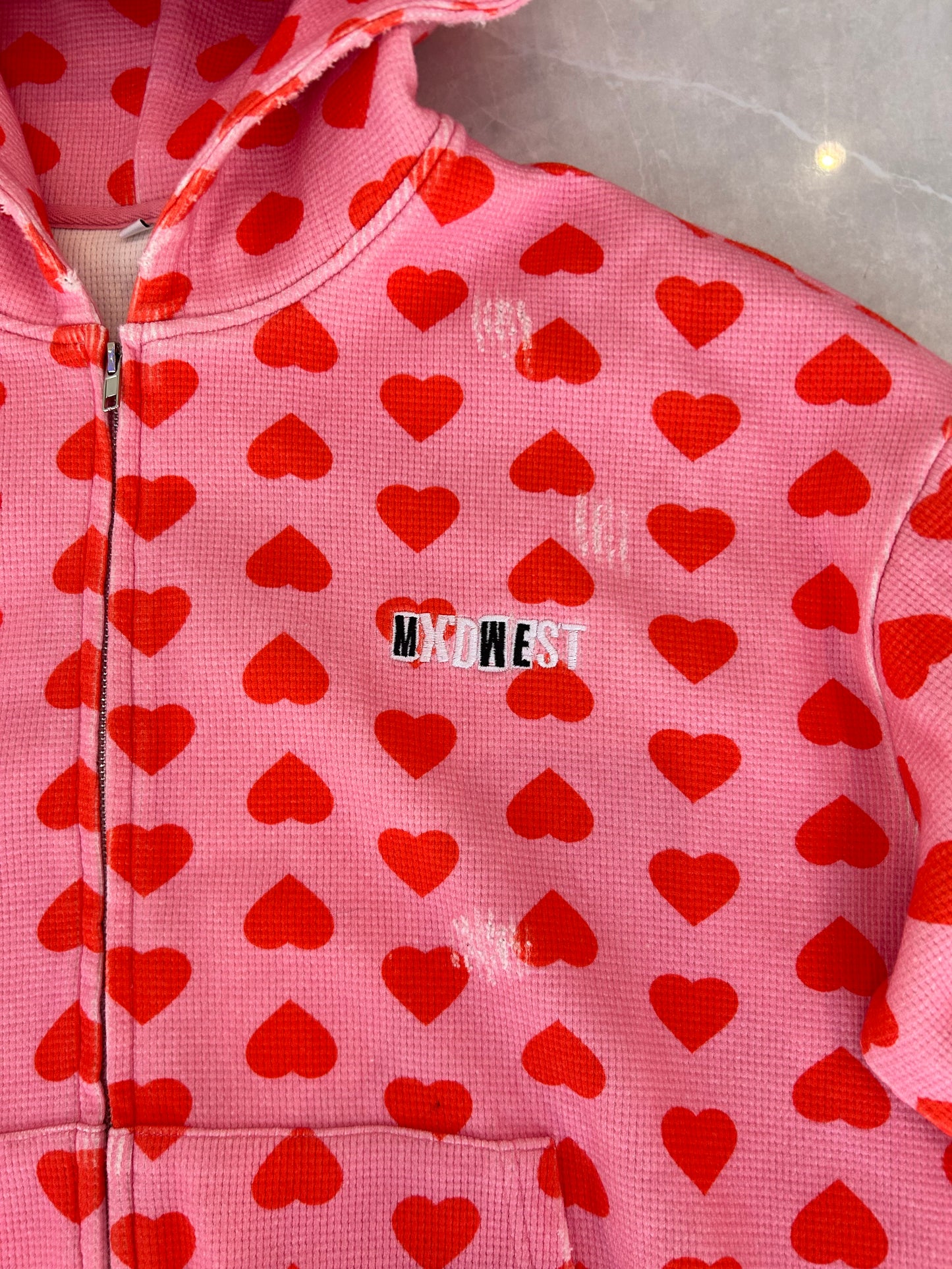 MXDWEST Pink Hearts Waffle Knit Jakcet