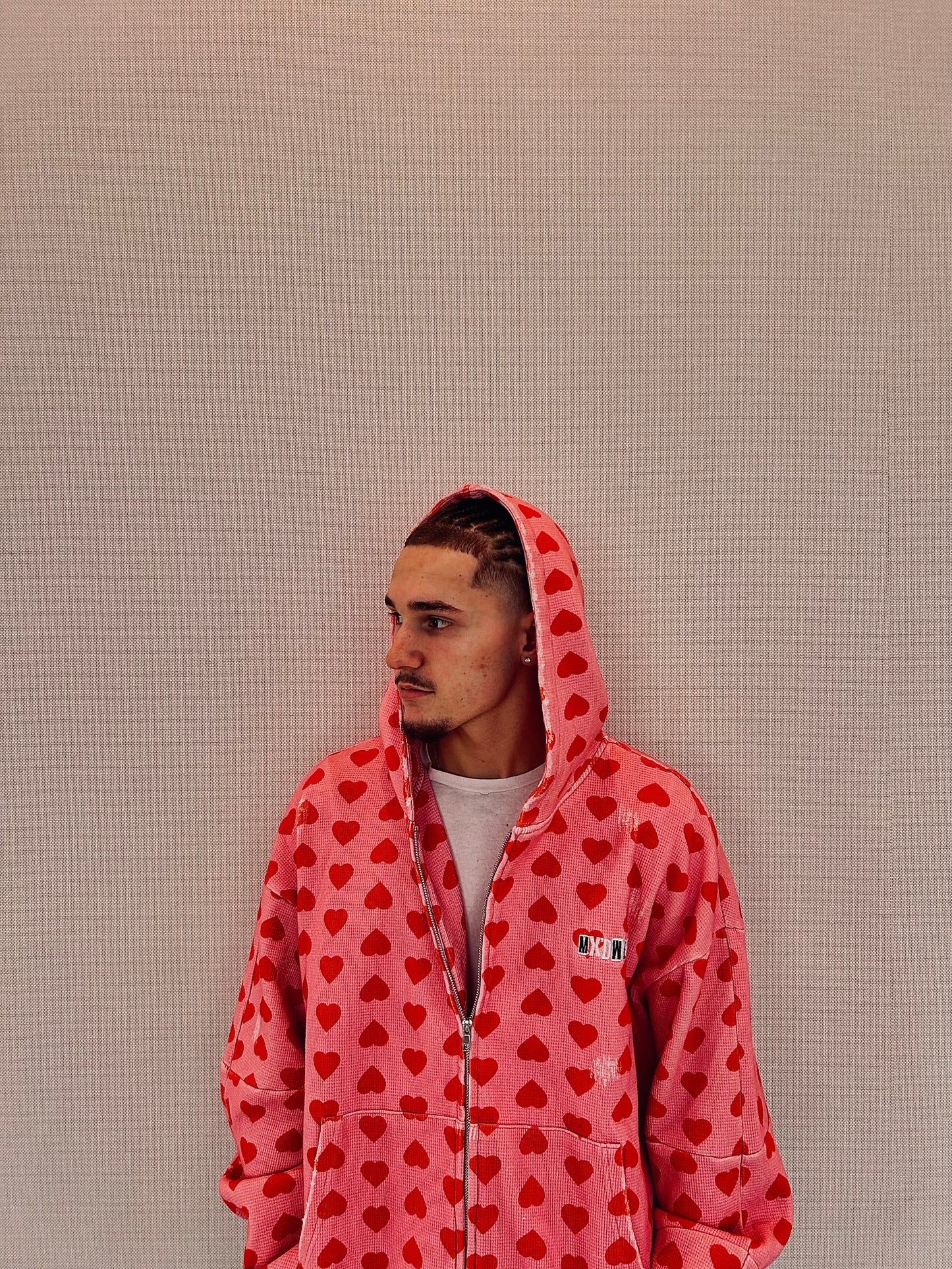 MXDWEST Pink Hearts Waffle Knit Jakcet