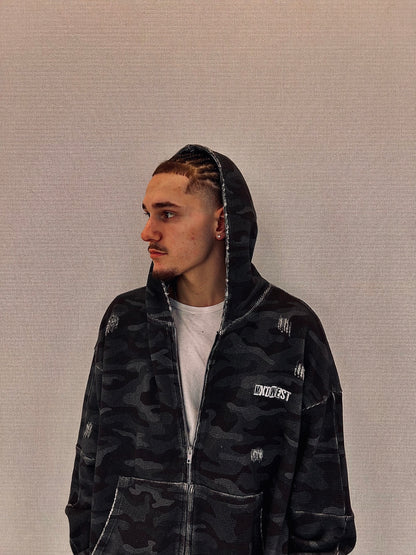 MXDWEST Black Camo Waffle Knit Jacket