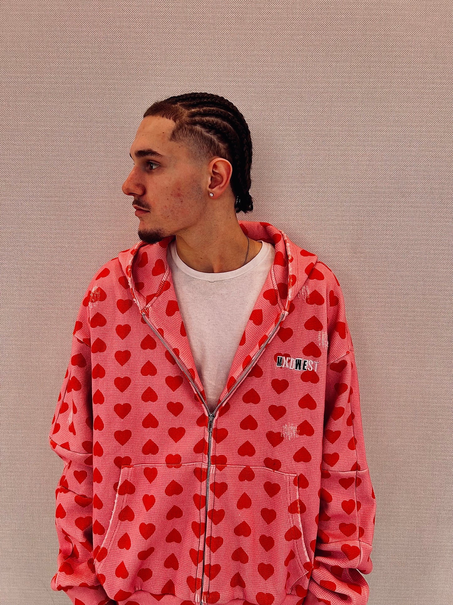MXDWEST Pink Hearts Waffle Knit Jakcet