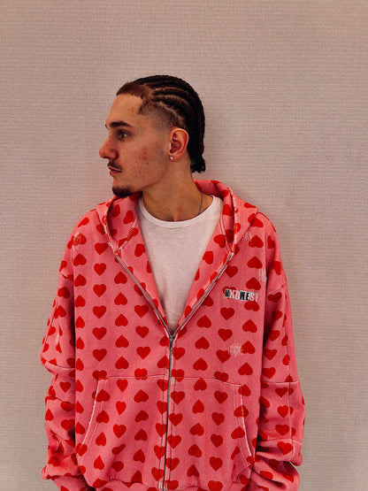 MXDWEST Pink Hearts Waffle Knit Jakcet